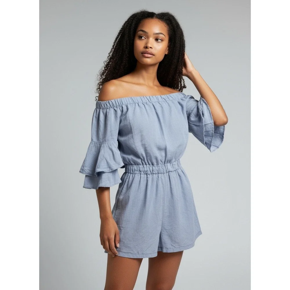 Zara Basic Chambray Blue Off‎ Shoulder Ruffle Sleeve Romper Sunsuit Size  Small